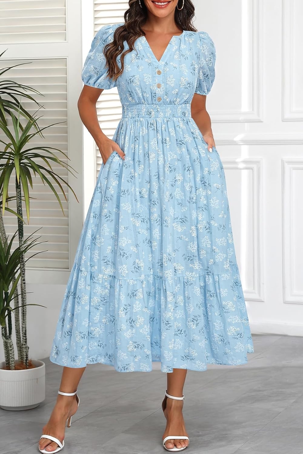 Talisea Womens Summer Maxi Dress – Puff Sleeve V Neck Smocked Tiered Boho Casual A-Line Wedding Guest Long Dress with Pockets(Blue Floral)