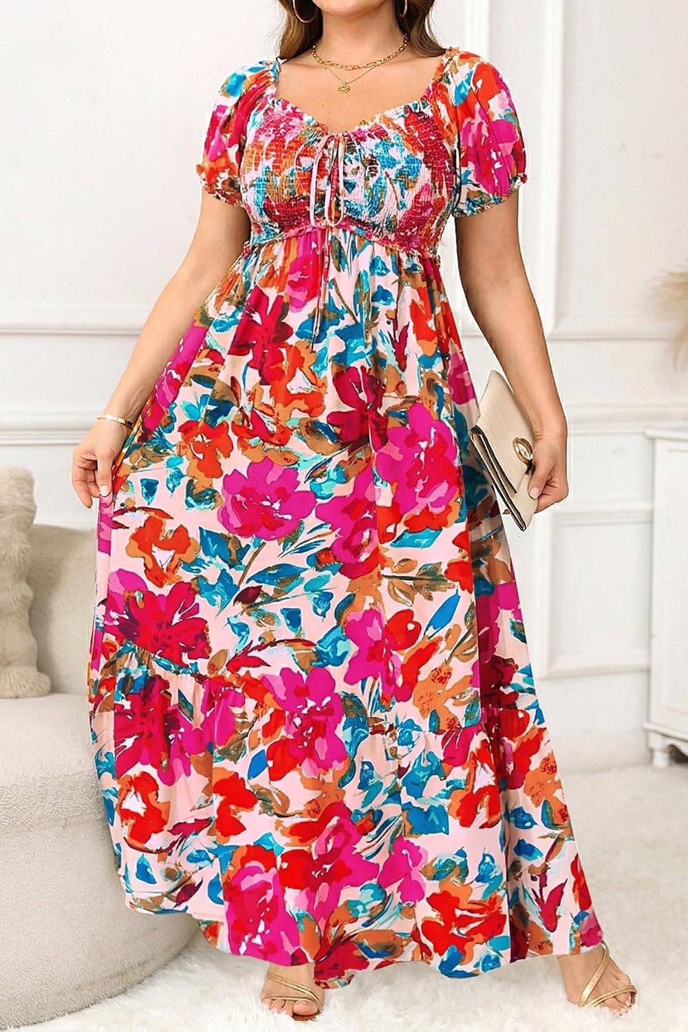 Plus Size Summer Dresses Off the Shoulder Boho Maxi A Line Long Dress Women(Red Floral)