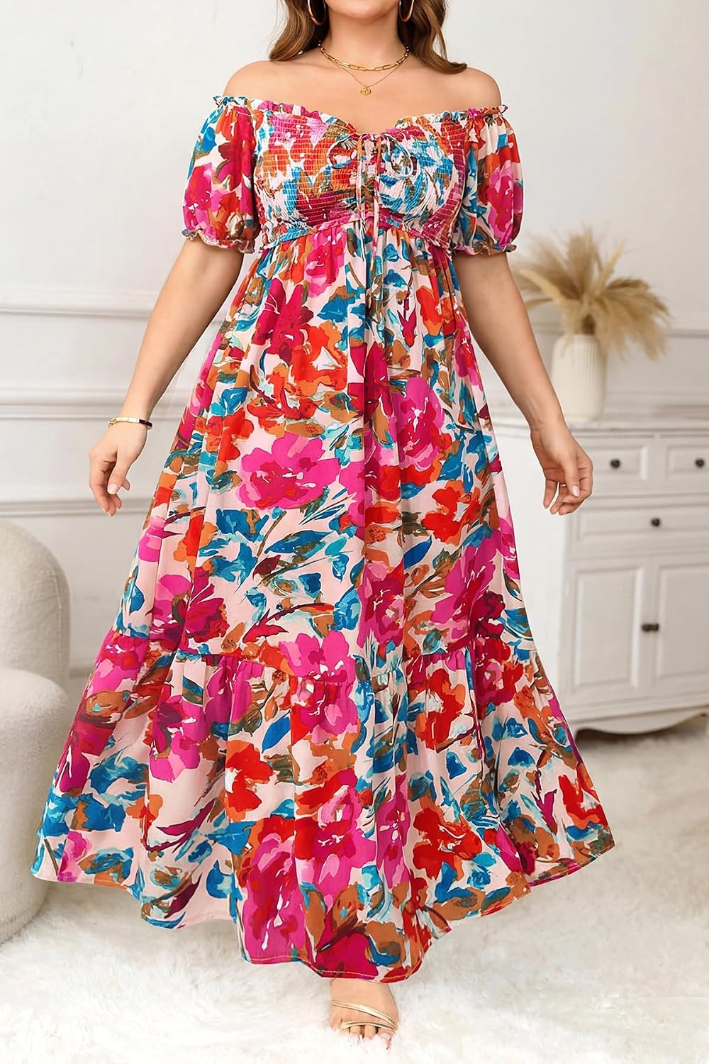 Plus Size Summer Dresses Off the Shoulder Boho Maxi A Line Long Dress Women(Red Floral)