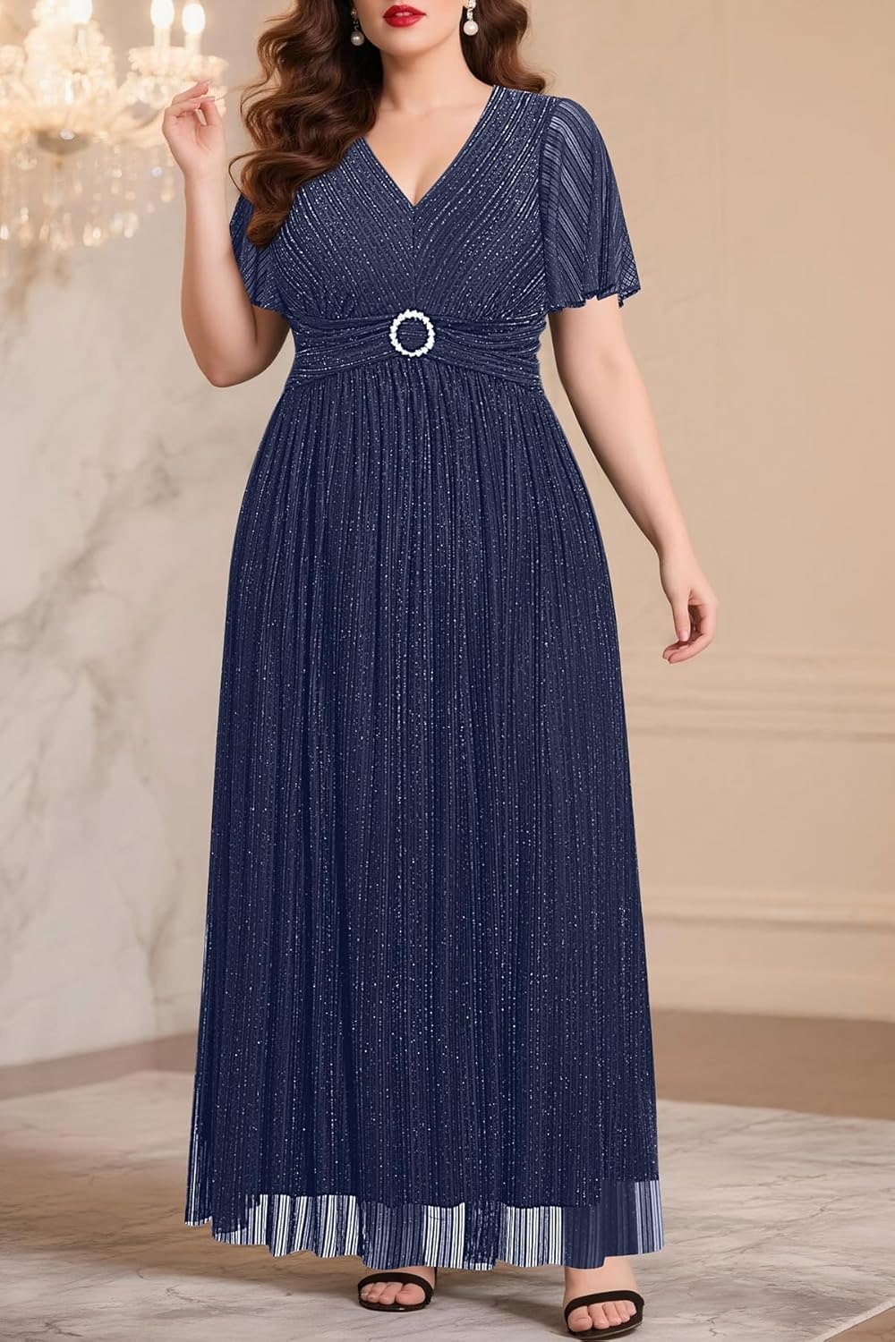 Plus Size Formal Dresses – Evening Gown Sparkly Sequin Glitter Prom Gala Ball Wedding Guest Maxi Dress with Short Sleeve(Navy Blue)