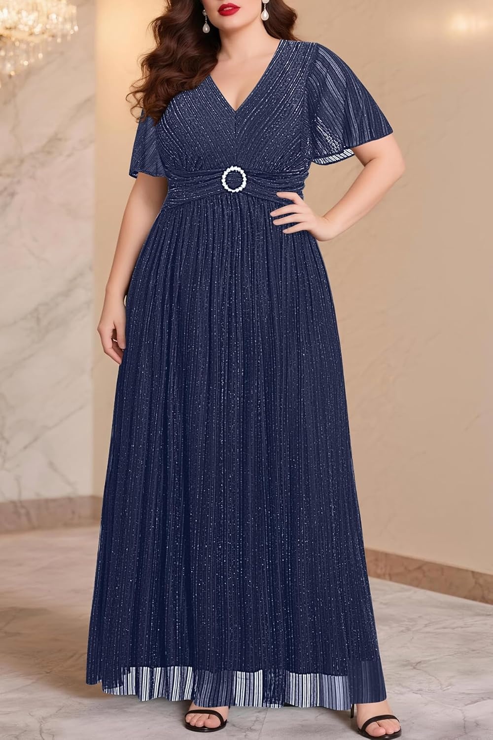 Plus Size Formal Dresses – Evening Gown Sparkly Sequin Glitter Prom Gala Ball Wedding Guest Maxi Dress with Short Sleeve(Navy Blue)