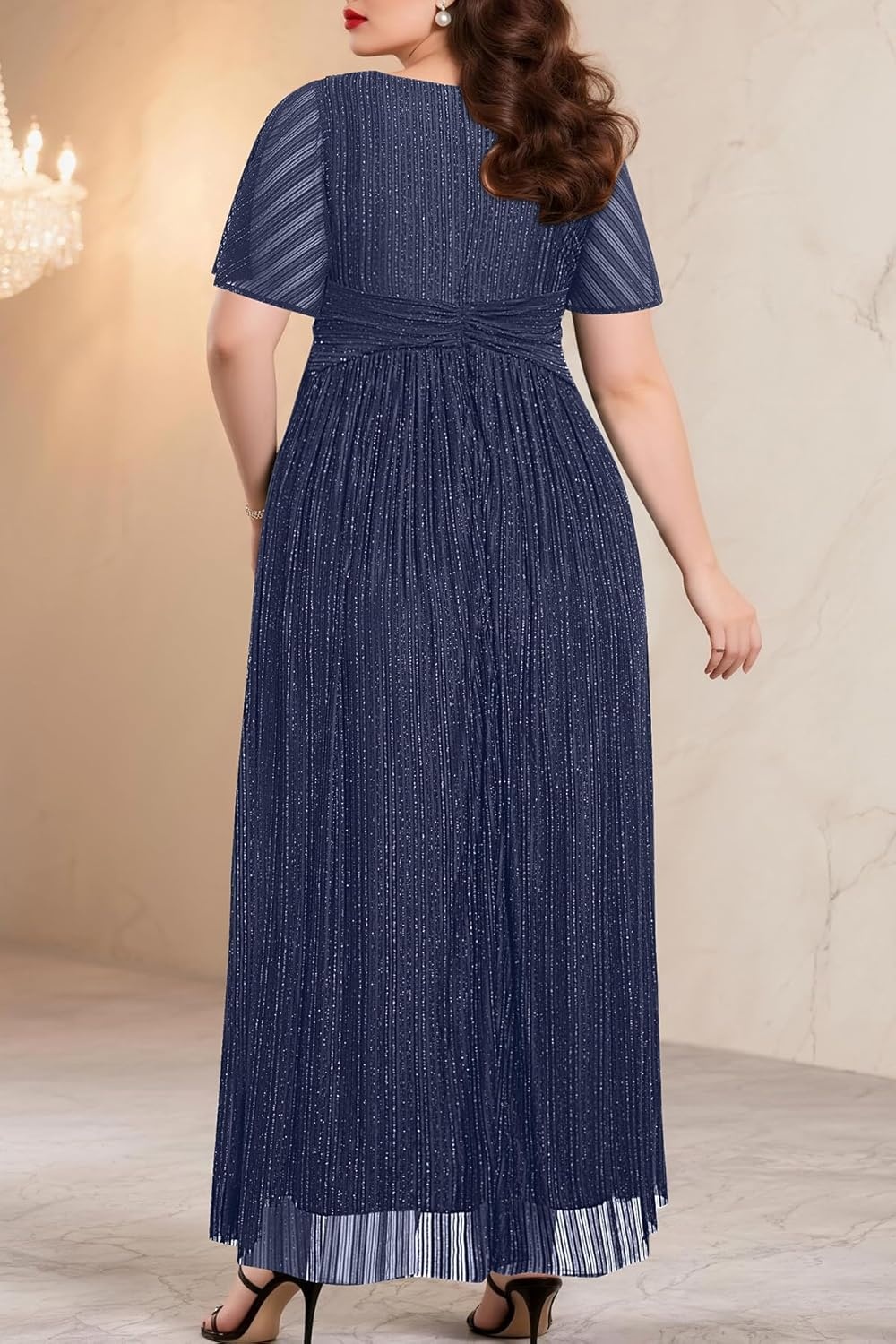 Plus Size Formal Dresses – Evening Gown Sparkly Sequin Glitter Prom Gala Ball Wedding Guest Maxi Dress with Short Sleeve(Navy Blue)