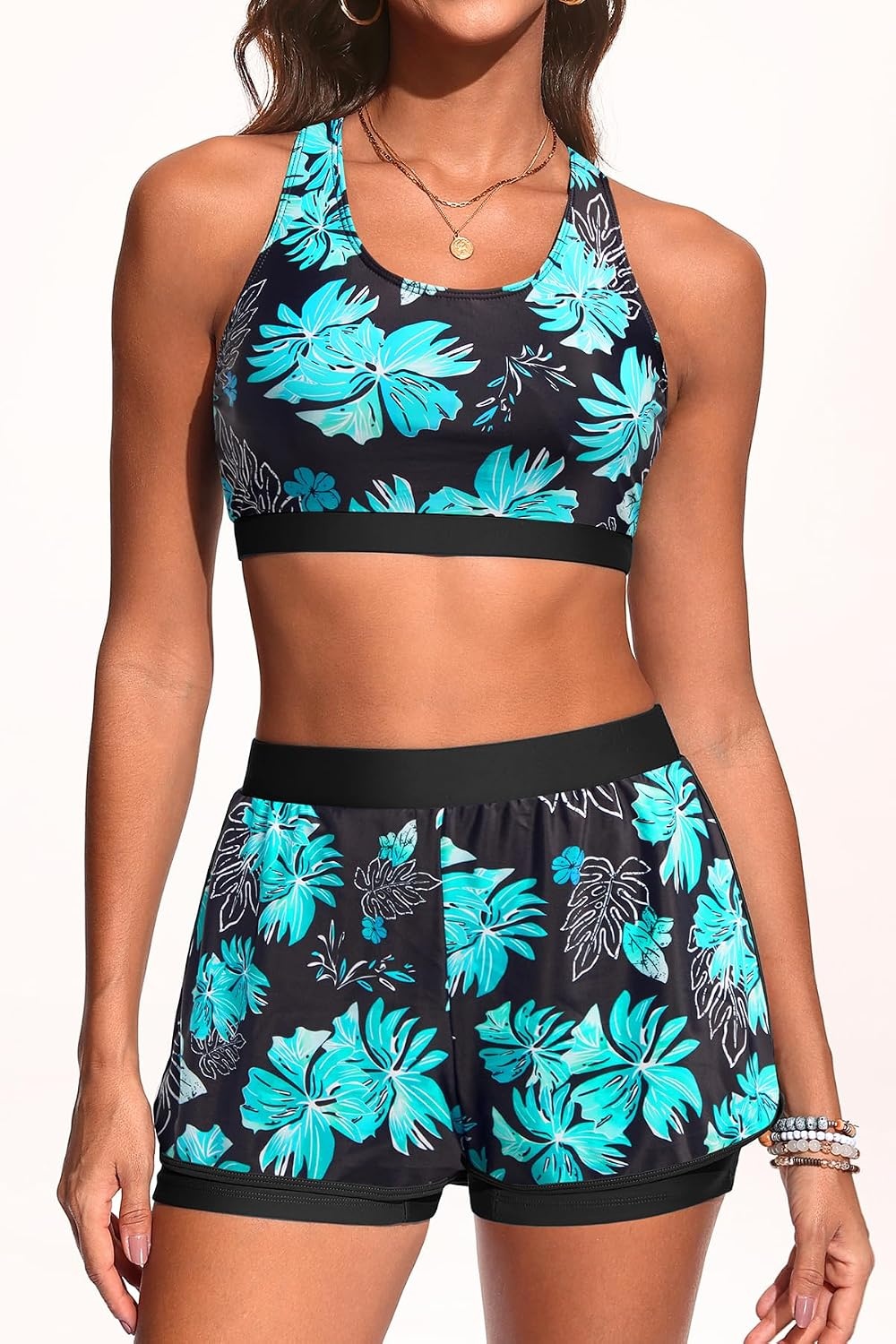Talisea 3 Piece Tankini Swimsuits Women – Athletic Swim Tank Top with Bra and Boyshorts Bathing Suits Modest Swimwear 2026(Green Floral)