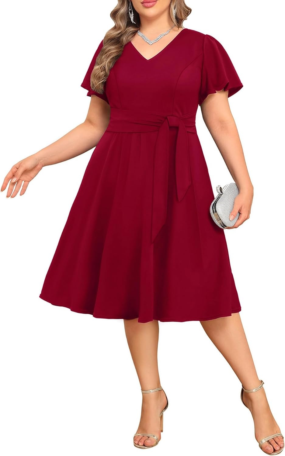 Plus Size Wedding Guest Dress – Cocktail Formal Fall Short Sleeve V Neck A-Line Midi Dresses for Women 2025(Burgundy)