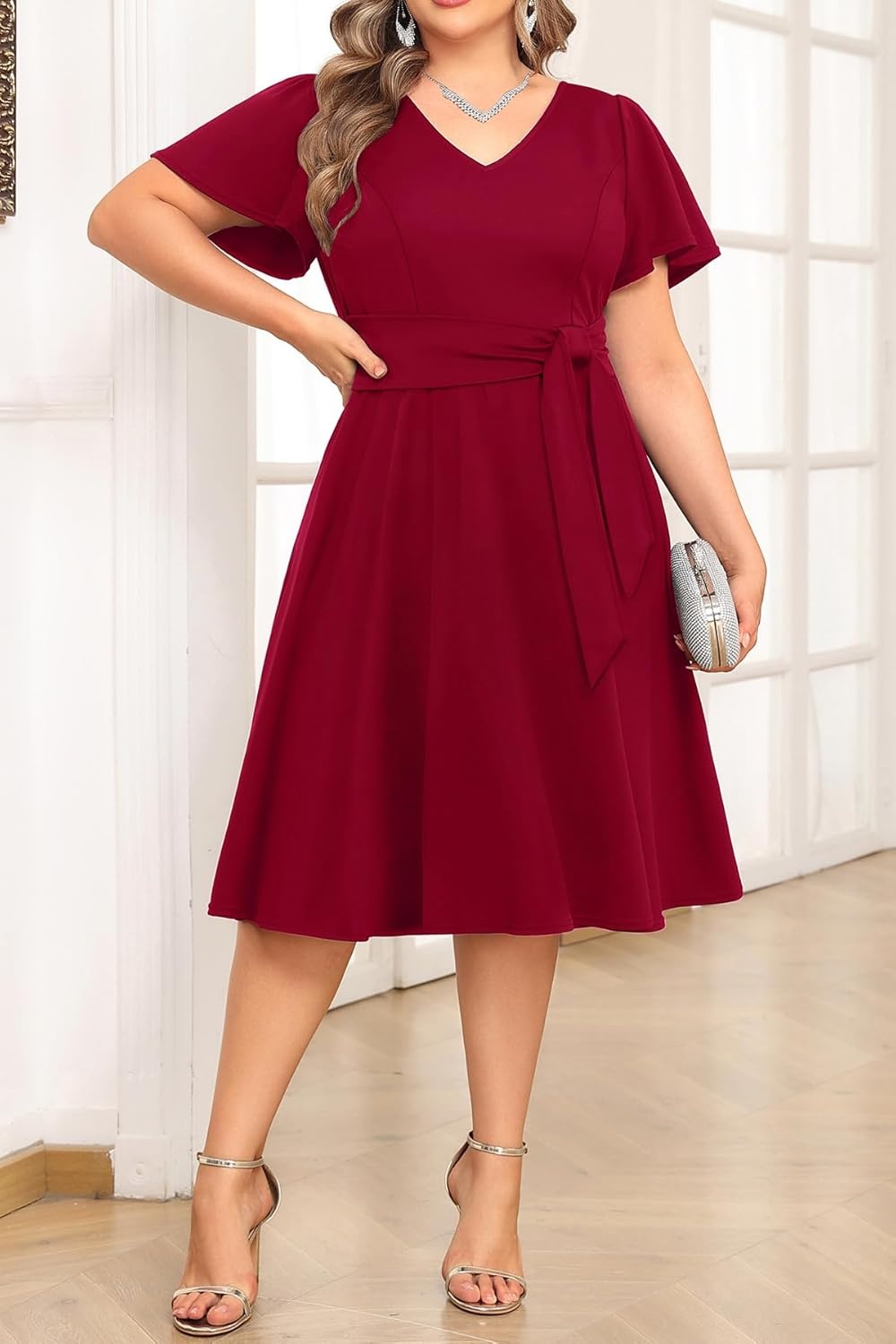 Plus Size Wedding Guest Dress – Cocktail Formal Fall Short Sleeve V Neck A-Line Midi Dresses for Women 2025(Burgundy)