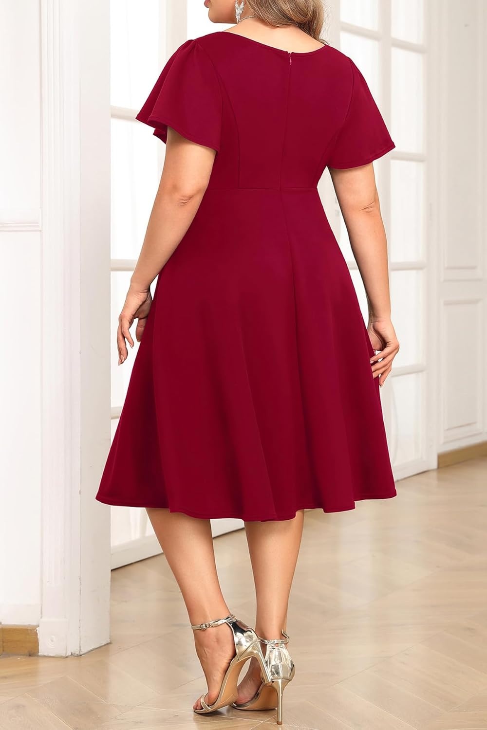 Plus Size Wedding Guest Dress – Cocktail Formal Fall Short Sleeve V Neck A-Line Midi Dresses for Women 2025(Burgundy)