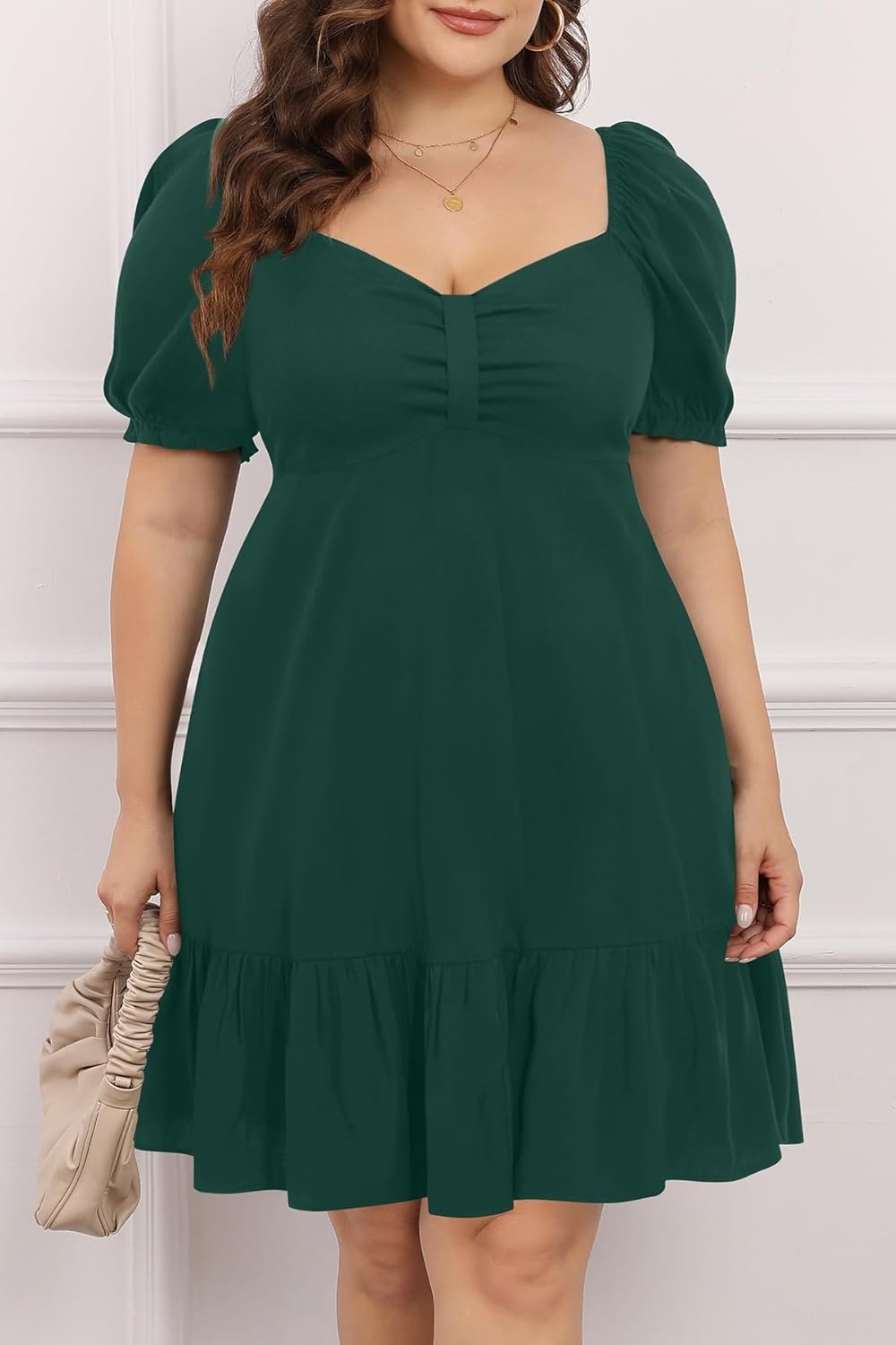 Talisea Women’s Plus Size Summer Dress – Sweetheart Neck Puff Sleeve Casual Sundress Graduation Teen Babydoll Short Dresses(Emerald Green)