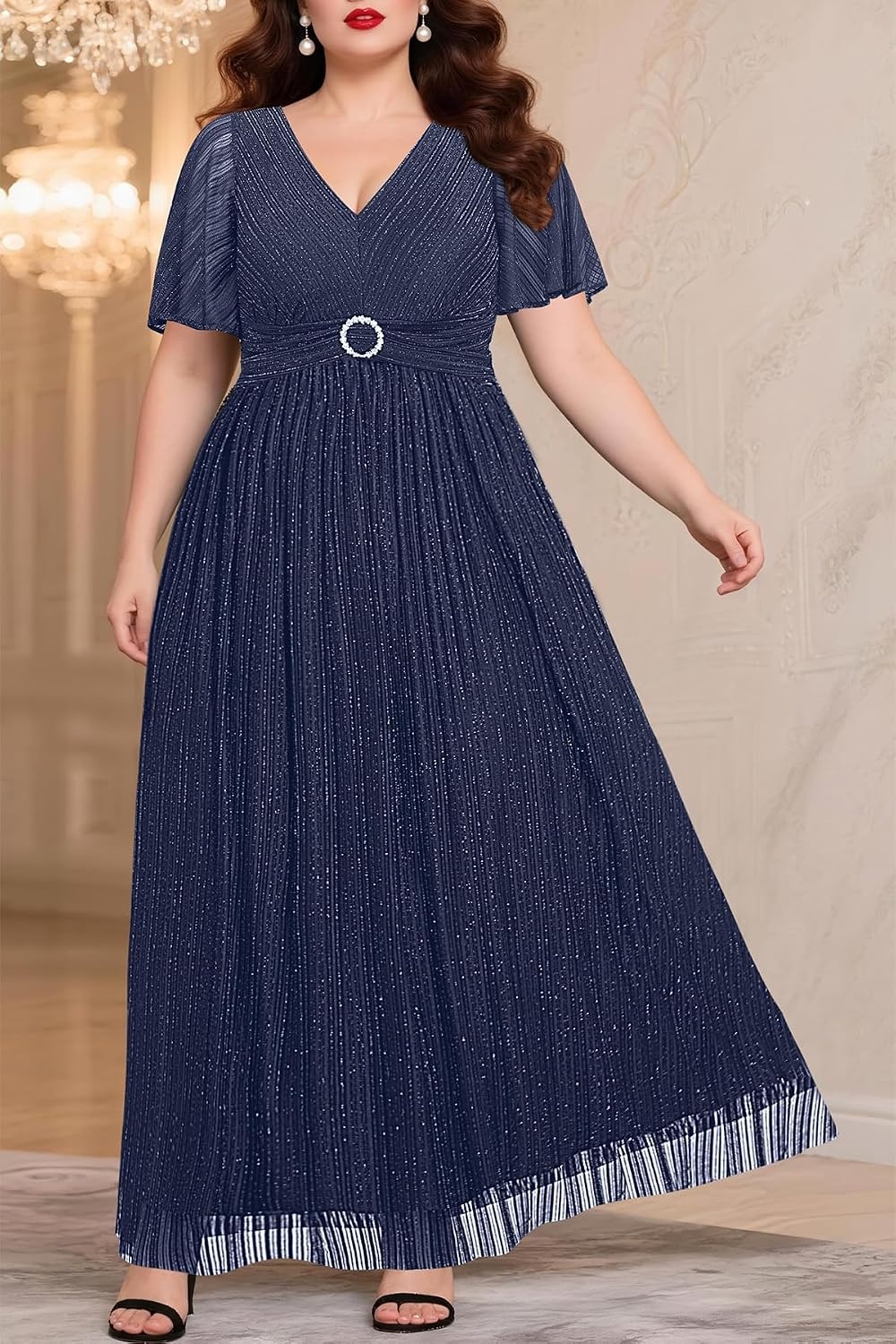 Talisea Plus Size Sequin Short Sleeve Formal Wedding Guest Maxi Dress | Sparkly sequin / short sleeves / floor length / empire waist / A-line silhouette / elegant maxi design(Navy Blue)