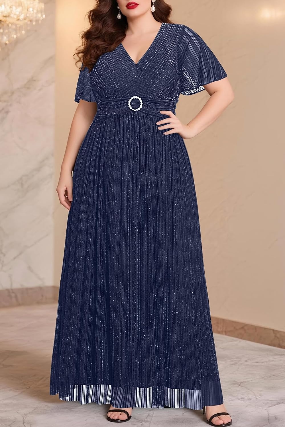 Talisea Plus Size Sequin Short Sleeve Formal Wedding Guest Maxi Dress | Sparkly sequin / short sleeves / floor length / empire waist / A-line silhouette / elegant maxi design(Navy Blue)