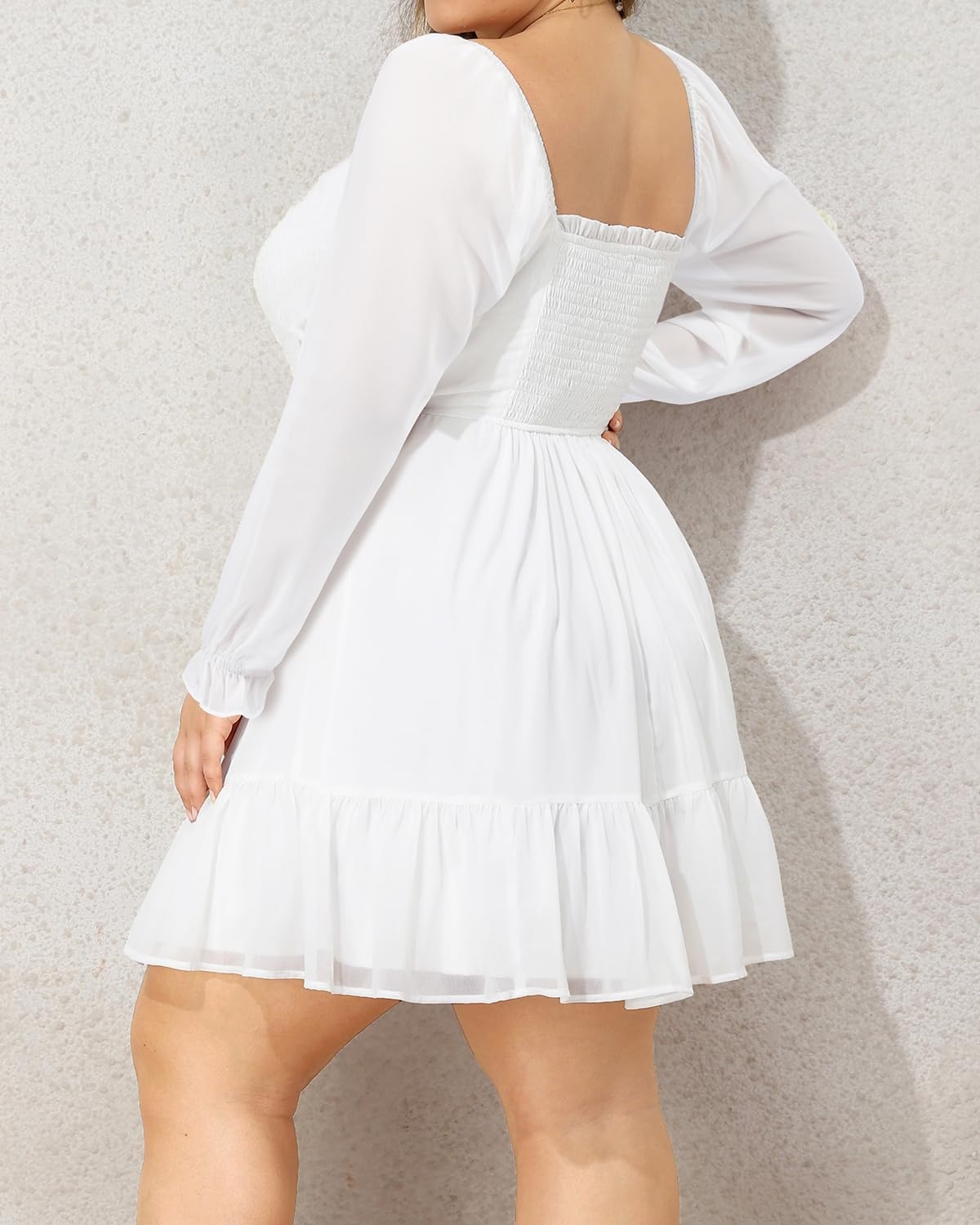 Talisea Plus Size Women’s Sweetheart Neckline Dress Smocked Short Summer Sundress Chiffon Mini Cute Graduation Dresses(White Long Sleeve)