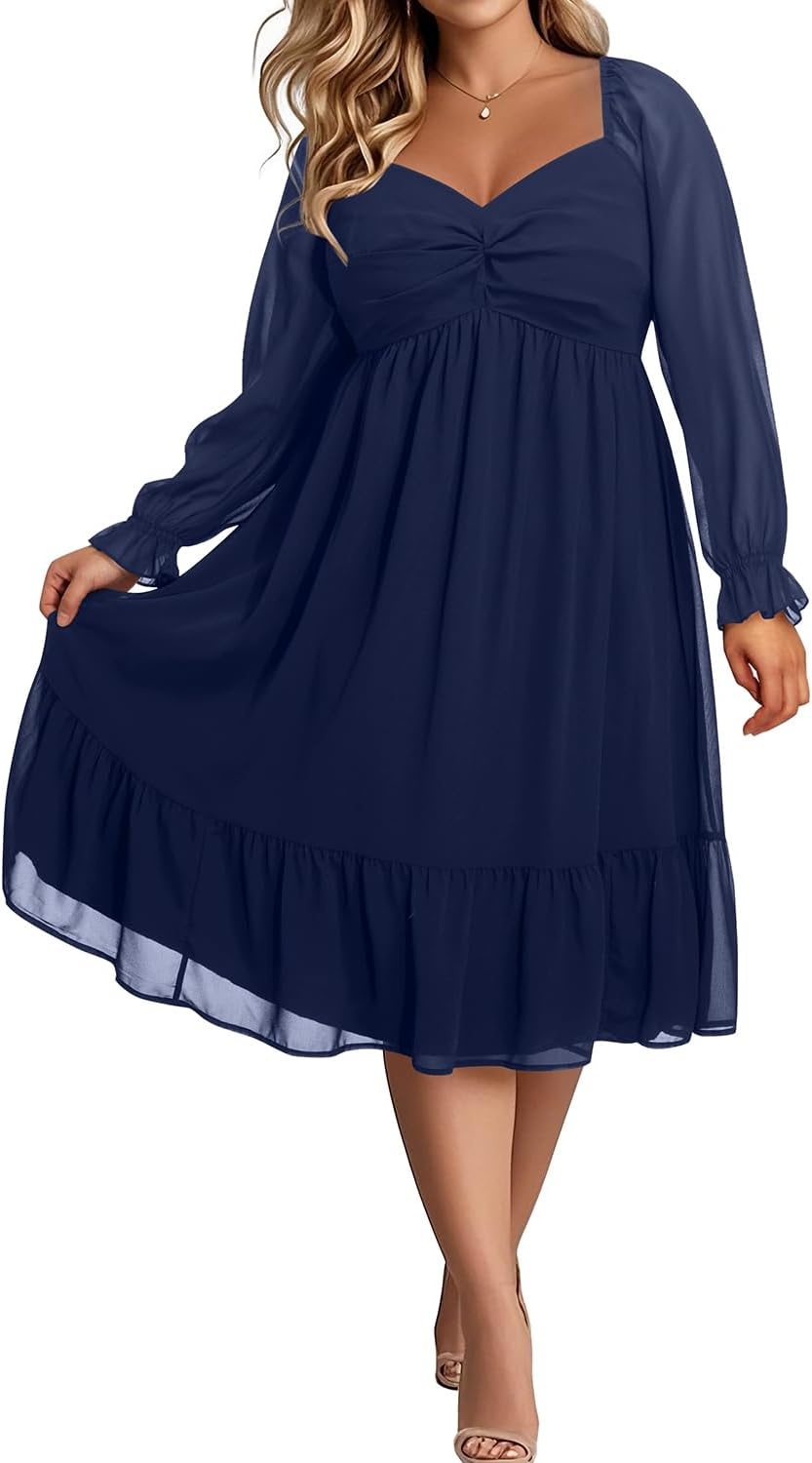 Plus Size Wedding Guest Dress Chiffon Sweetheart A Line Midi Dresses Women | Plus Size Cocktail Wedding Guest Dress Women Fall Semi Formal Dresses for Special Occasions Flowy Chiffon A Line Midi Dress(Navy Blue)