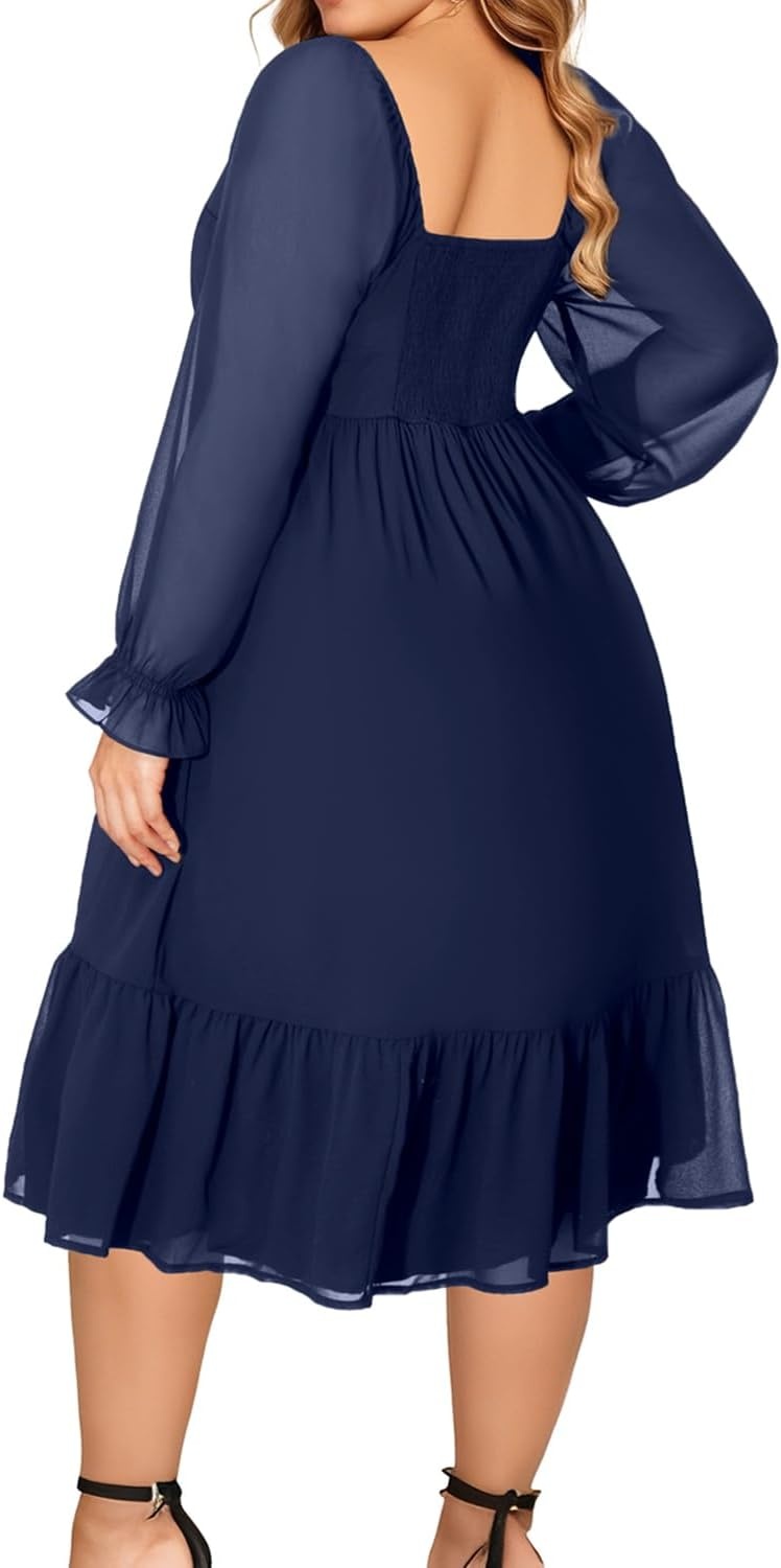 Plus Size Wedding Guest Dress Chiffon Sweetheart A Line Midi Dresses Women | Plus Size Cocktail Wedding Guest Dress Women Fall Semi Formal Dresses for Special Occasions Flowy Chiffon A Line Midi Dress(Navy Blue)