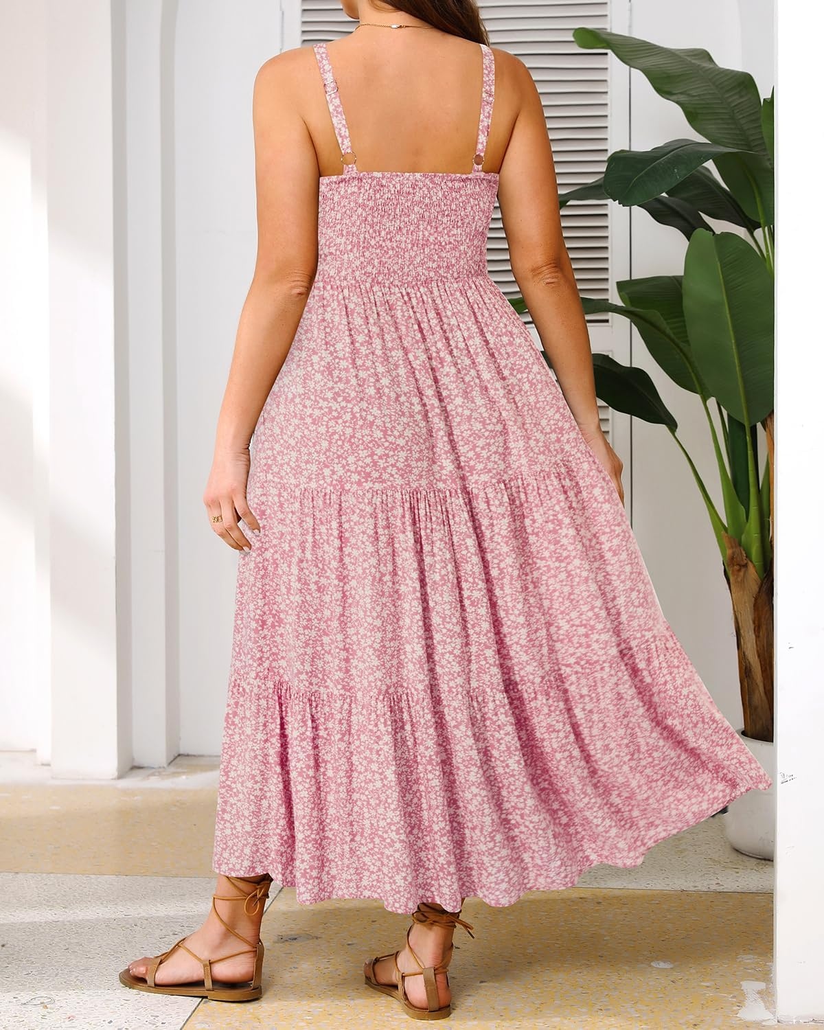 Talisea Plus Size Summer Dress – Boho Spaghetti Strap Maxi Dress Women(Pink Floral)