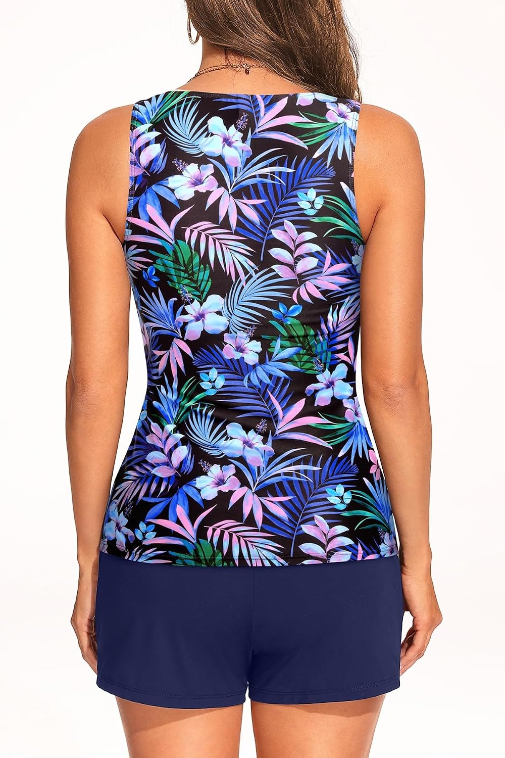 Tankini Swimsuits with Shorts – Two Piece Tummy Control Bathing Suits High Neck Swimwear with Two Side Pockets(Blue Floral)