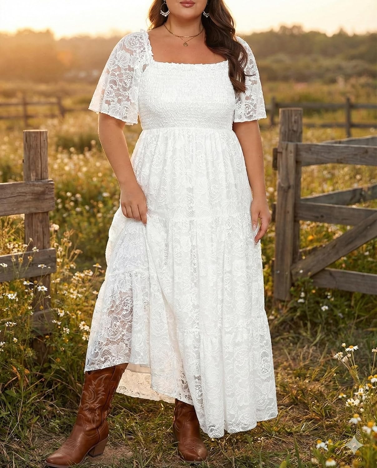 Plus Size Wedding Dress Bride Boho Lace Formal Square Neck Ruffle Sleeves Long Dresses for Curvy Women(White)